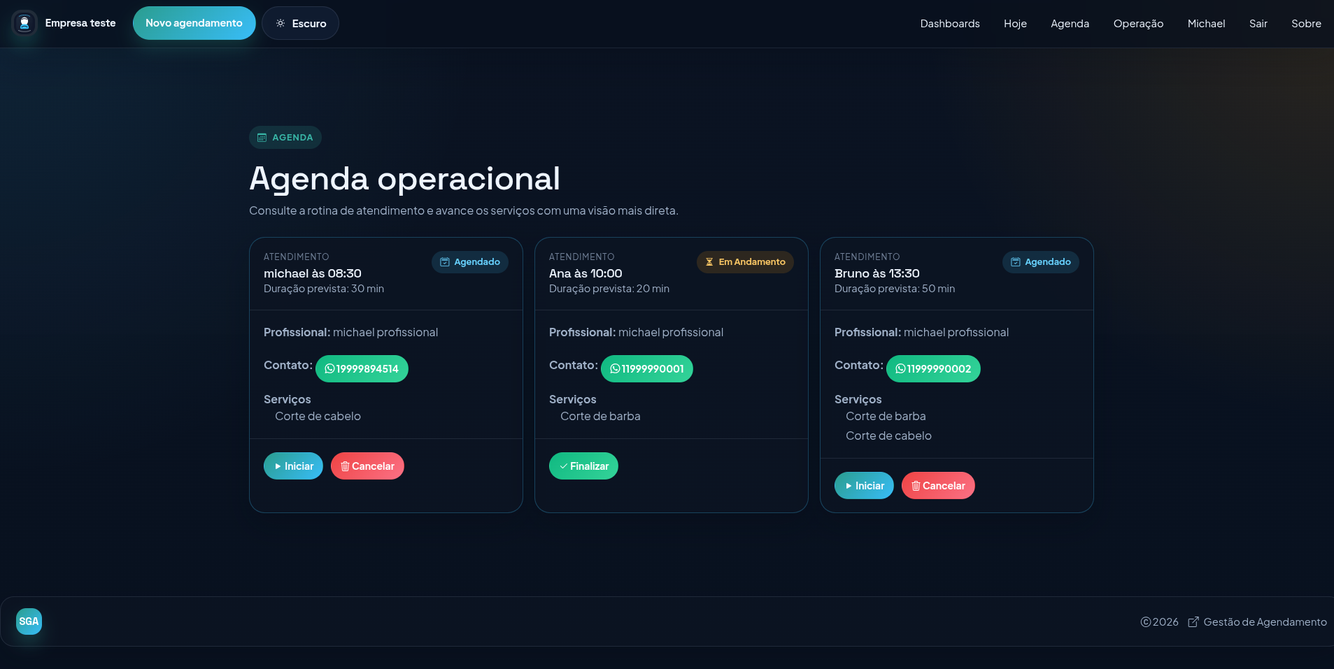 Agenda do dia no sistema