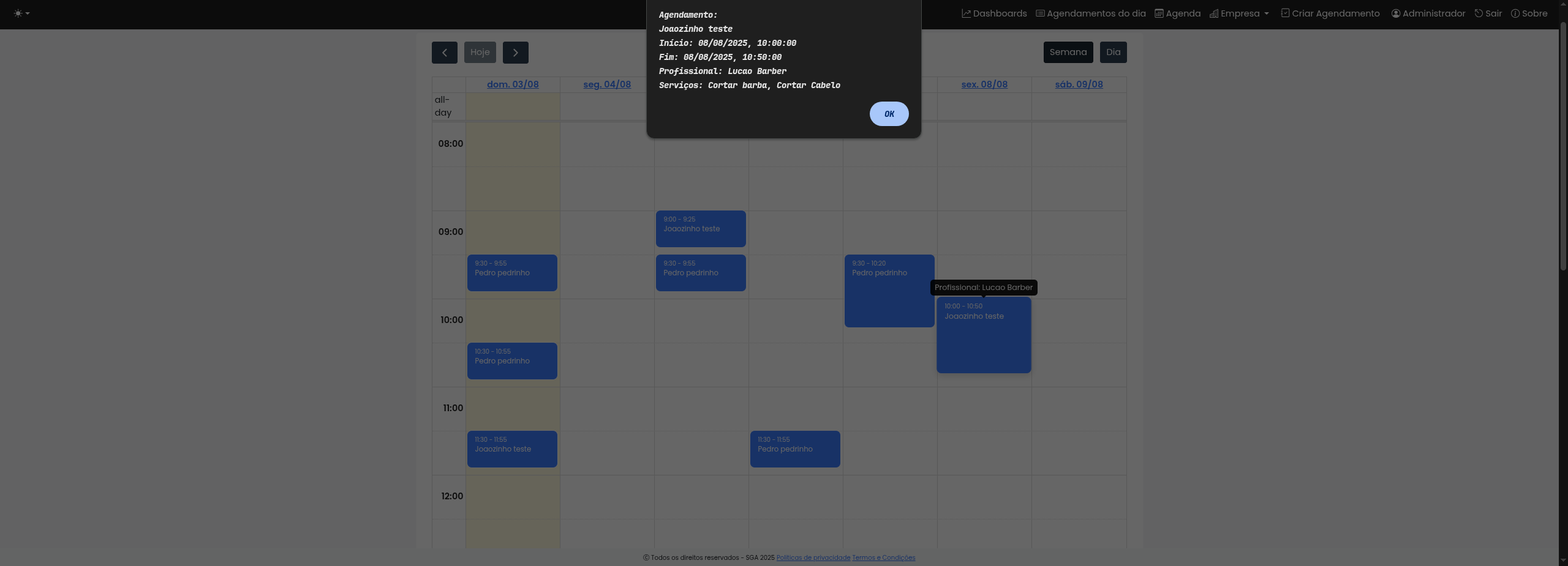 Tela de agenda semanal