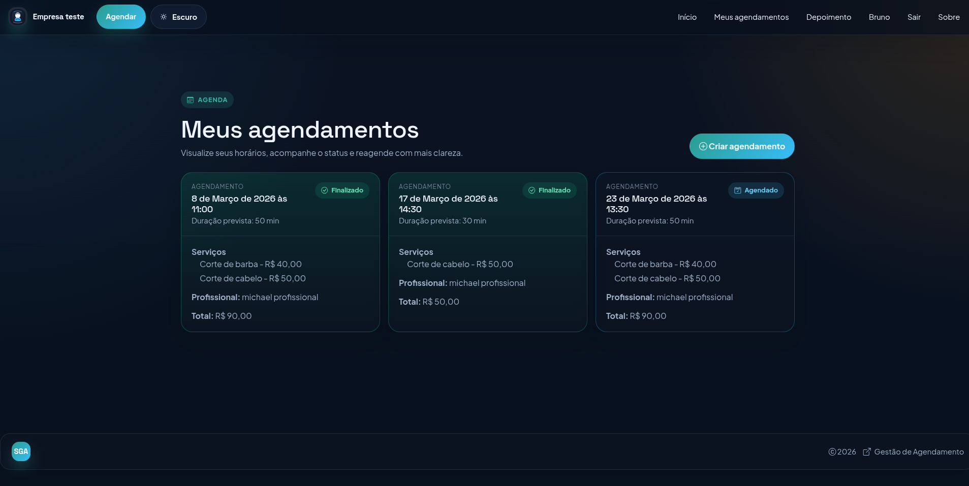Tela de meus agendamentos do cliente